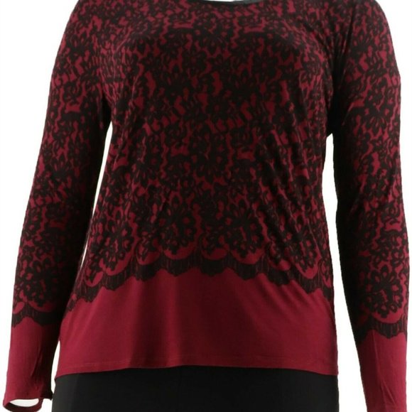 Kelly Clinton Kelly Printed Lace Jersey Scoop Top Satin Trim Wine M NEW - Picture 4 of 8